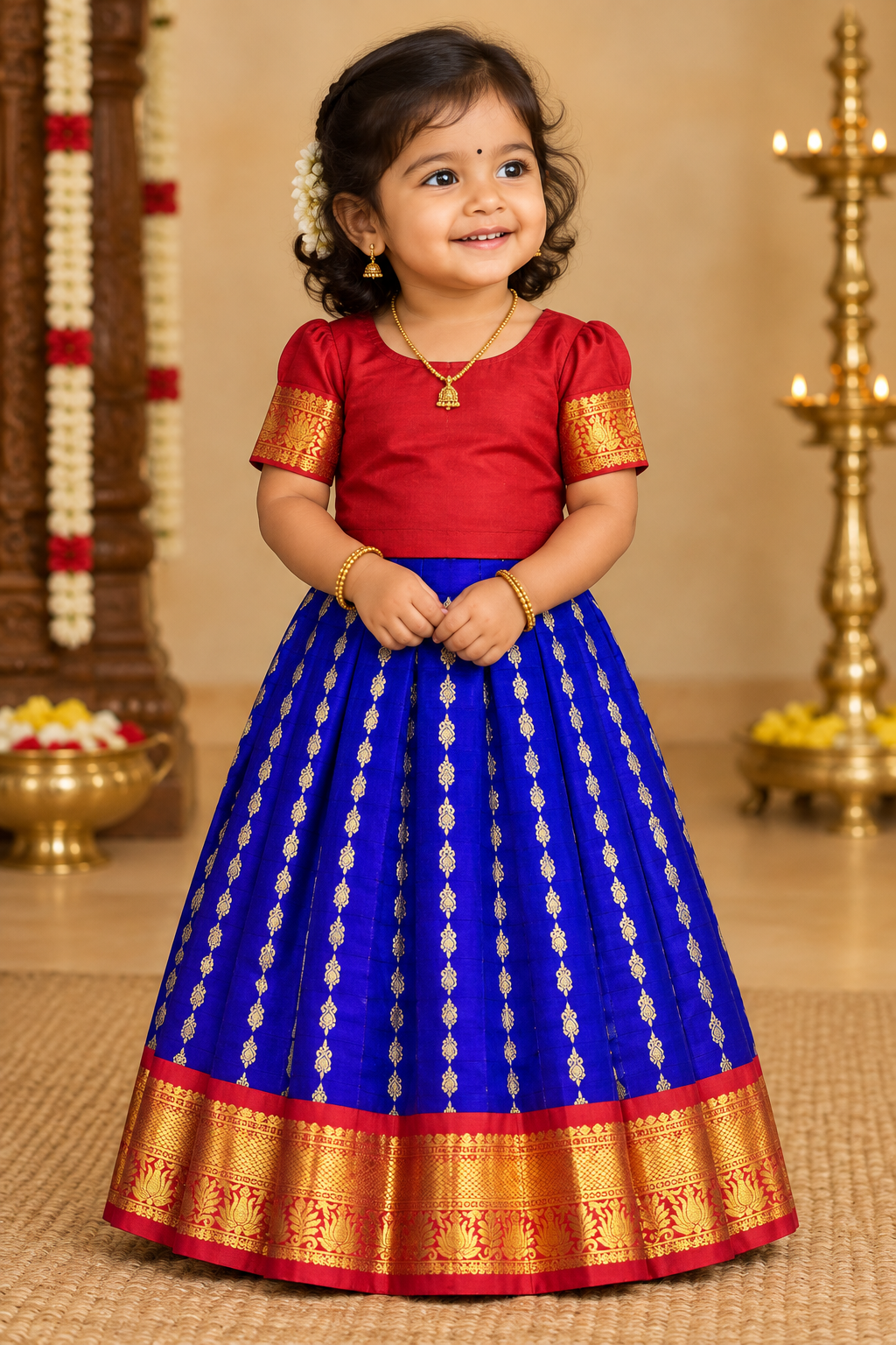 Blue Shade Pure Kanchipuram Silk Kids Pattu Pavadai with Contrast Border for age 2 to 5
