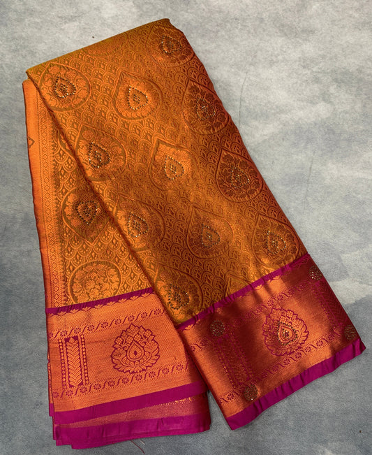 Vegan Silk Saree Golden Yellow Colour with Copper and Pink Border