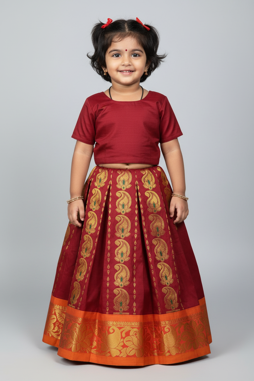 Maroon Shade Semi Silk Kids Pattu Pavadai with Contrast border for Age 2 to 5 Years