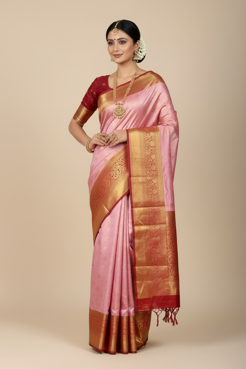 Fancy Tissue Saree Baby Pink Colour with Red Colour Floral Design Border