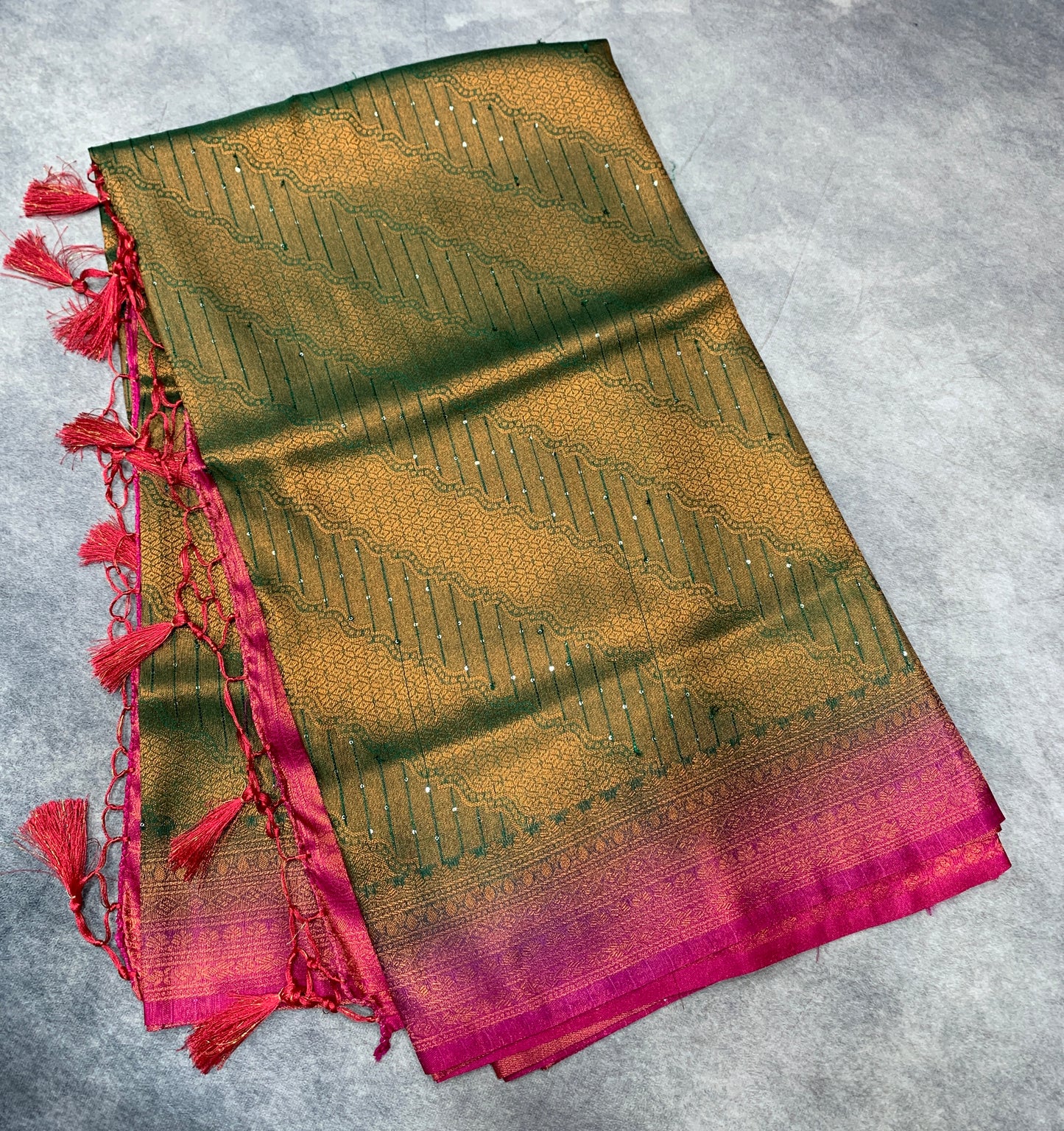 Soft Silk Saree Green Colour and Stone Work with Pink Colour Pallu