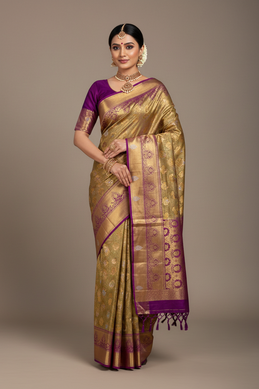 Vegan Silk Saree Golden Yellow Colour with Copper and Pink Border