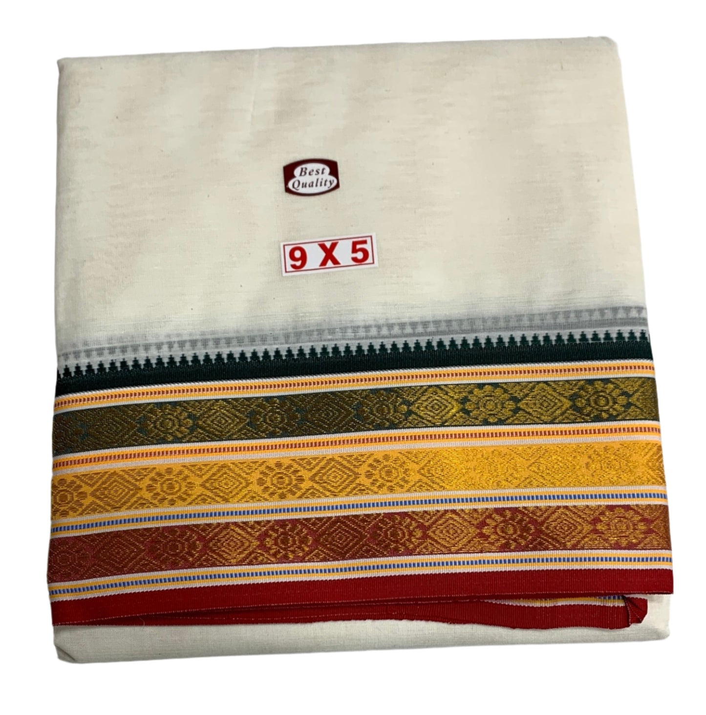 9X5 Cotton Unbleached Dhoti with Angavastram with Green,Maroon and Yellow Border