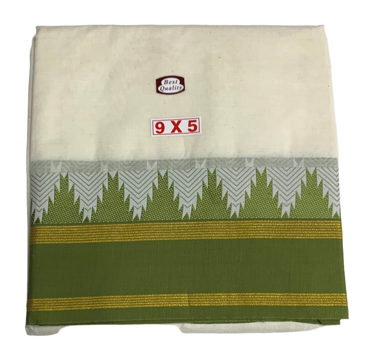 9X5 Cotton Unbleached Dhoti with Angavastram with Olive Green and Pink Border