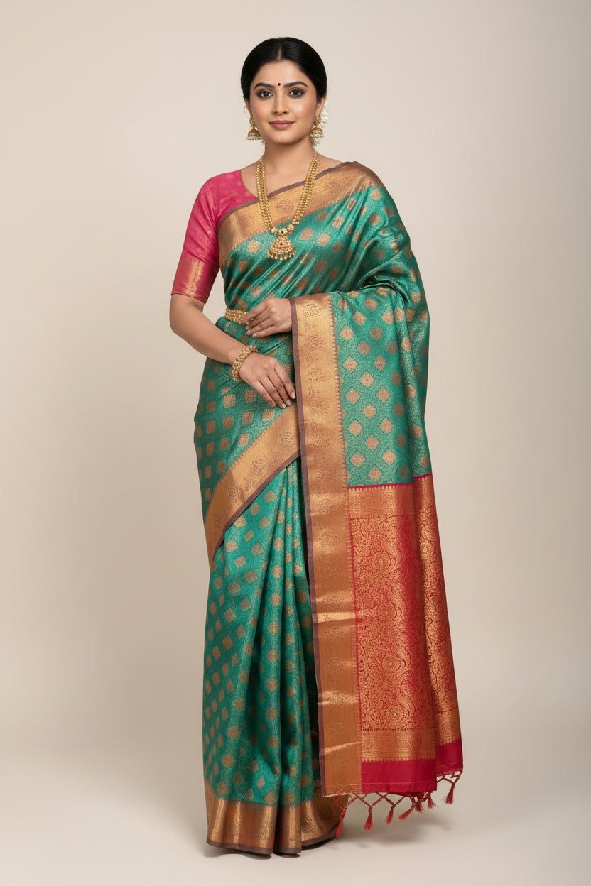 Vegan Silk Saree Light Green Colour with Magenta and Copper Border