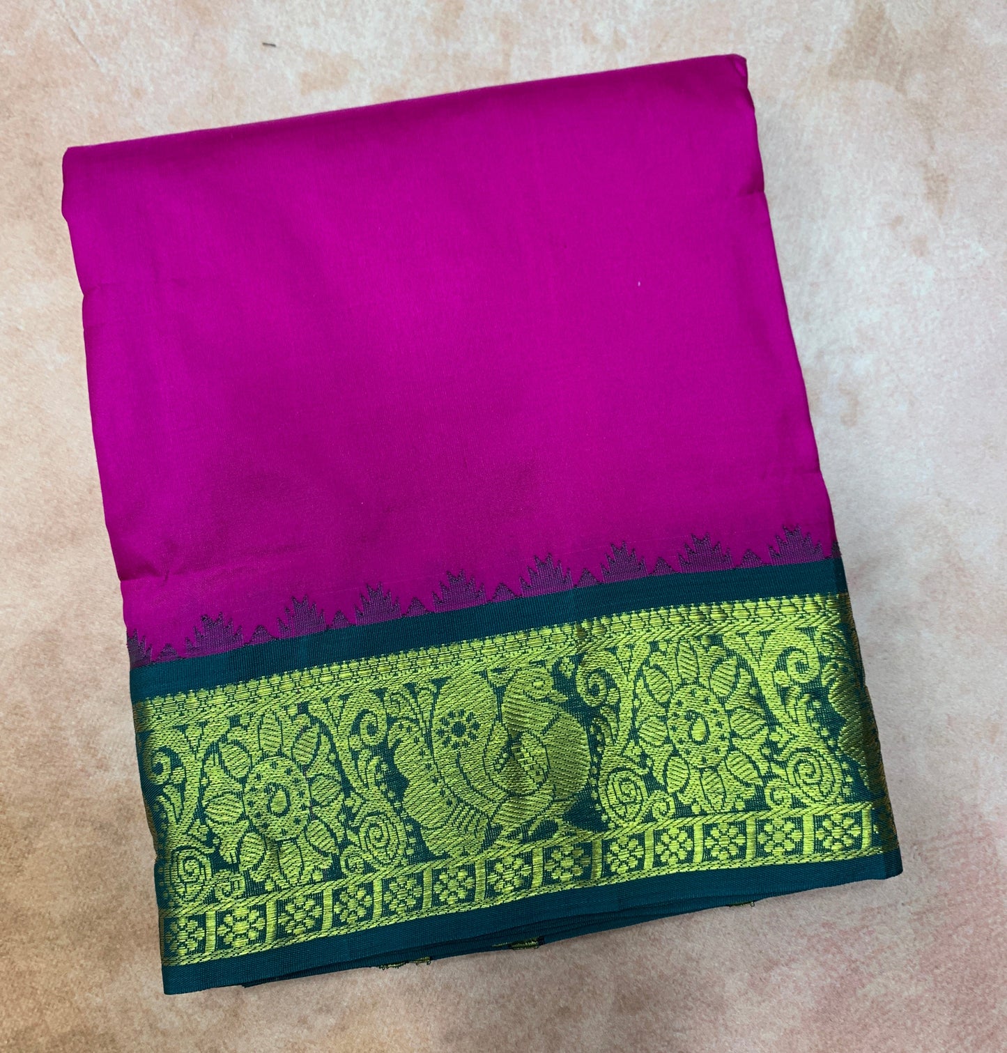 9X5 Pure Silk Dhoti Pink Colour with Green and Orange Ganga Jamuna Border