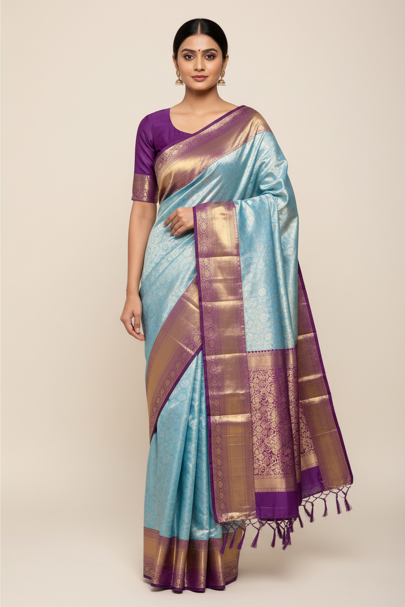 Fancy Tissue Saree Sapphire Colour with Magenta Colour Floral Design Border