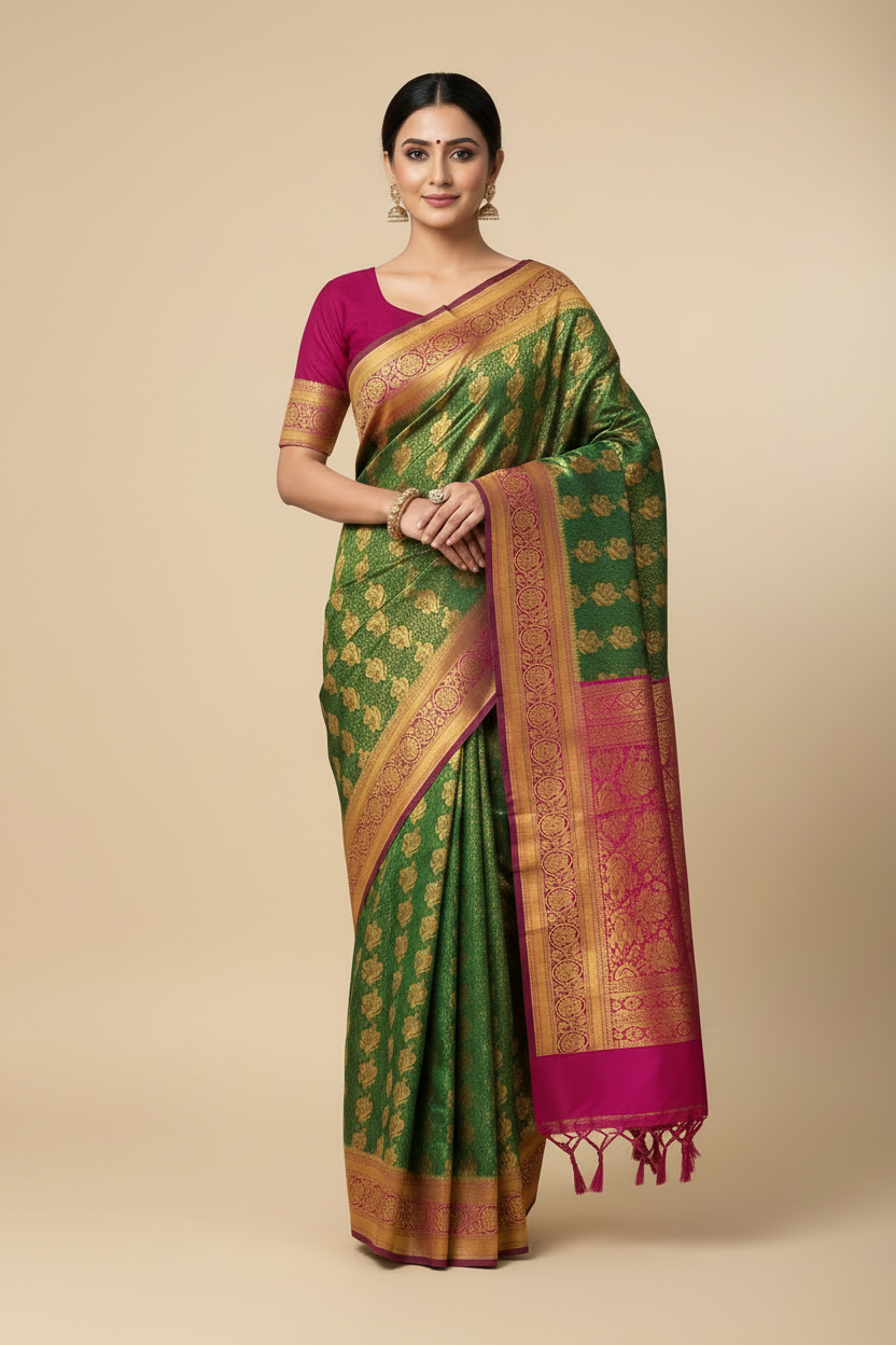 Bridal Vegan Silk Saree Green shade with Purple Border with Unstitched blouse in Aari Work