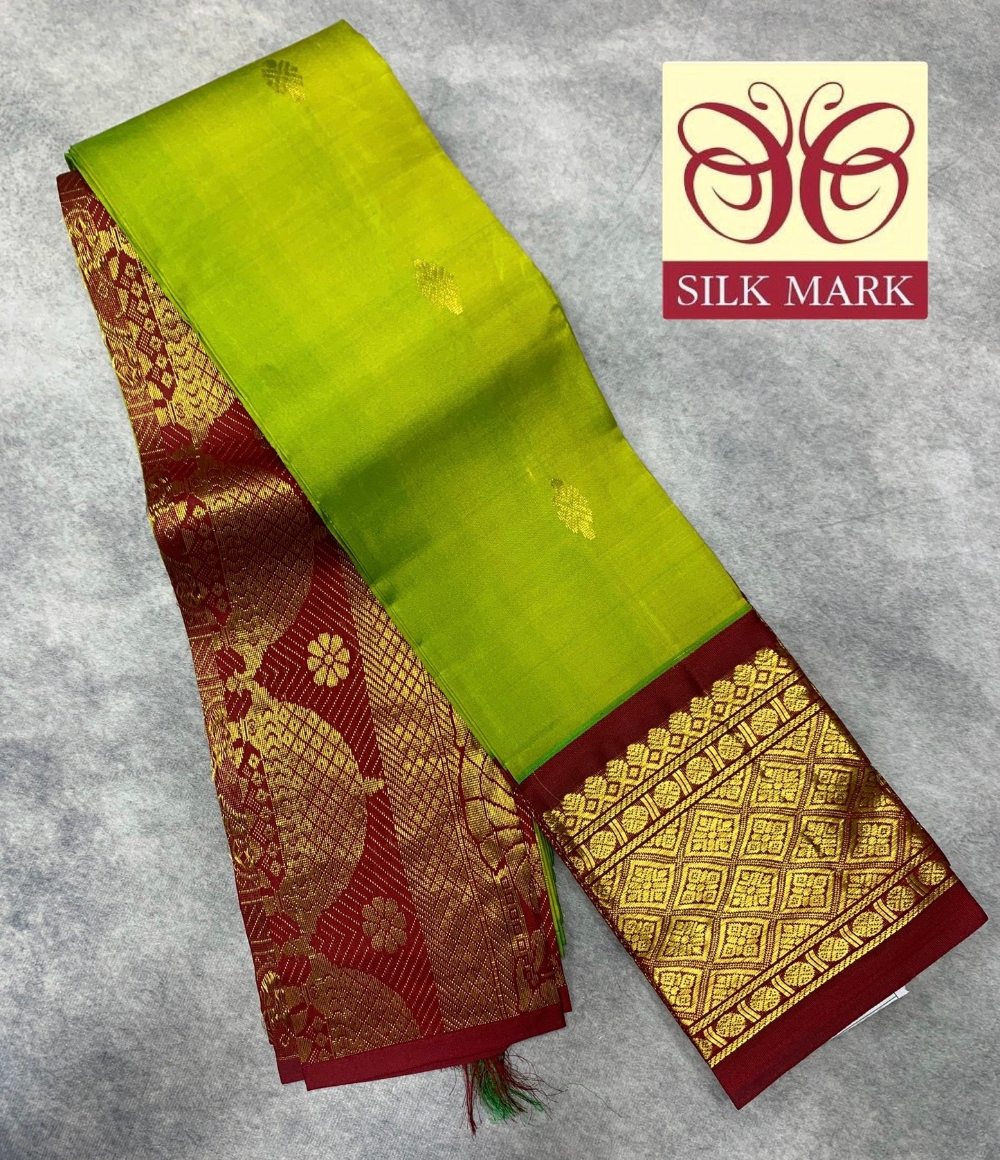 Pure Kanchipuram Silk Saree Olive Green Colour with Maroon and Gold Zari Border