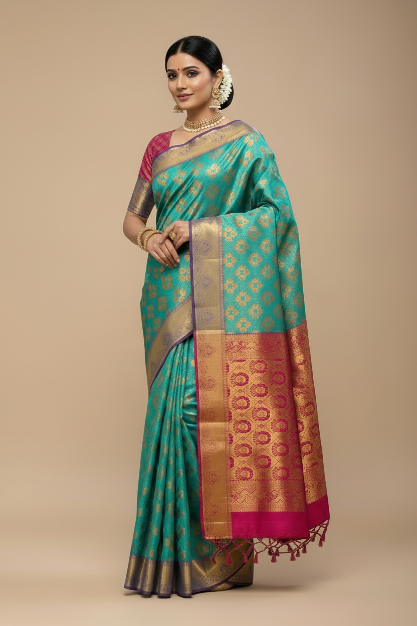 Vegan Silk Saree Green Colour with Copper and Magenta Border