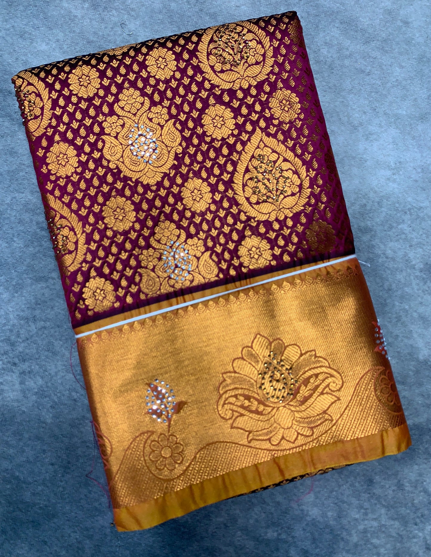 Vegan Silk Saree Maroon Colour with Copper and Golden Yellow Border