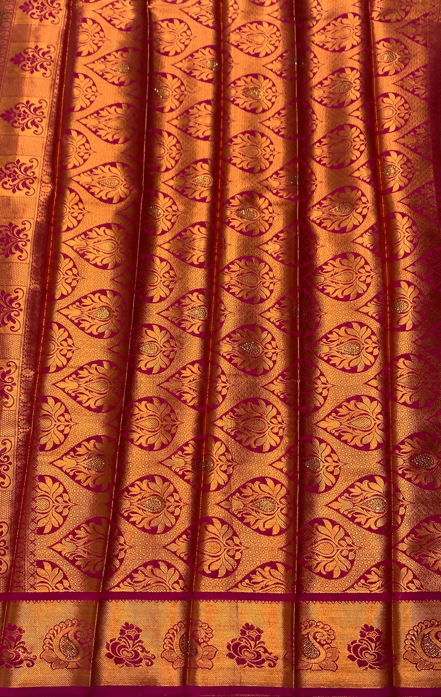 Vegan Silk Saree Olive Green Colour with Copper and Pink Border