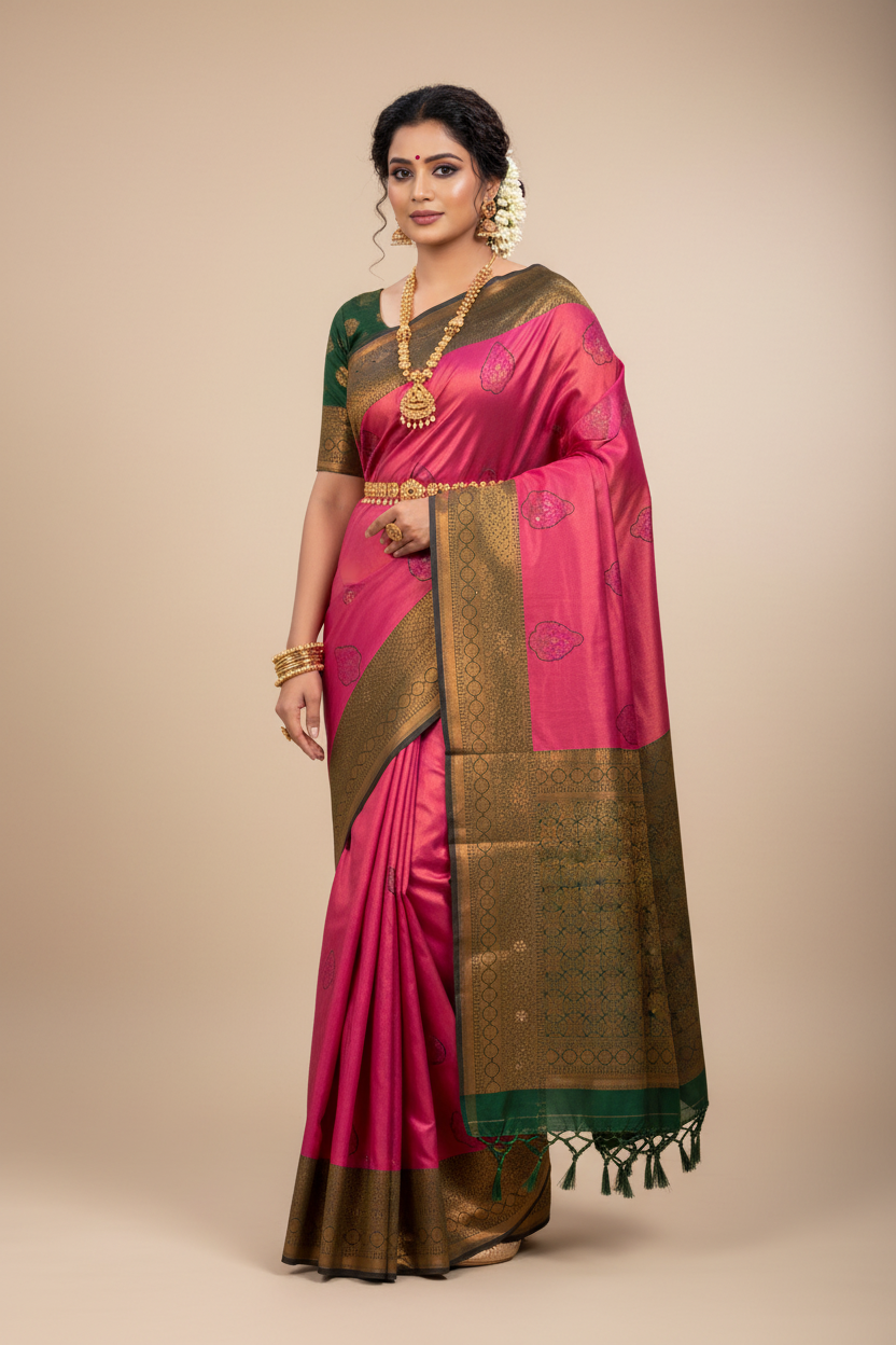 Art Silk Saree Pink Shade with Green Border