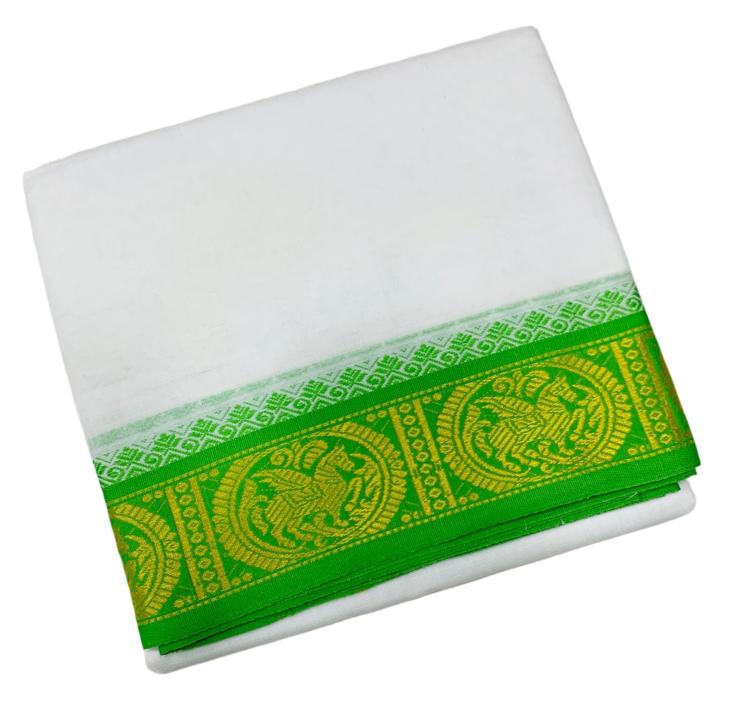 9X5 Cotton Dhoti White Green and Blue Border with Angavastram