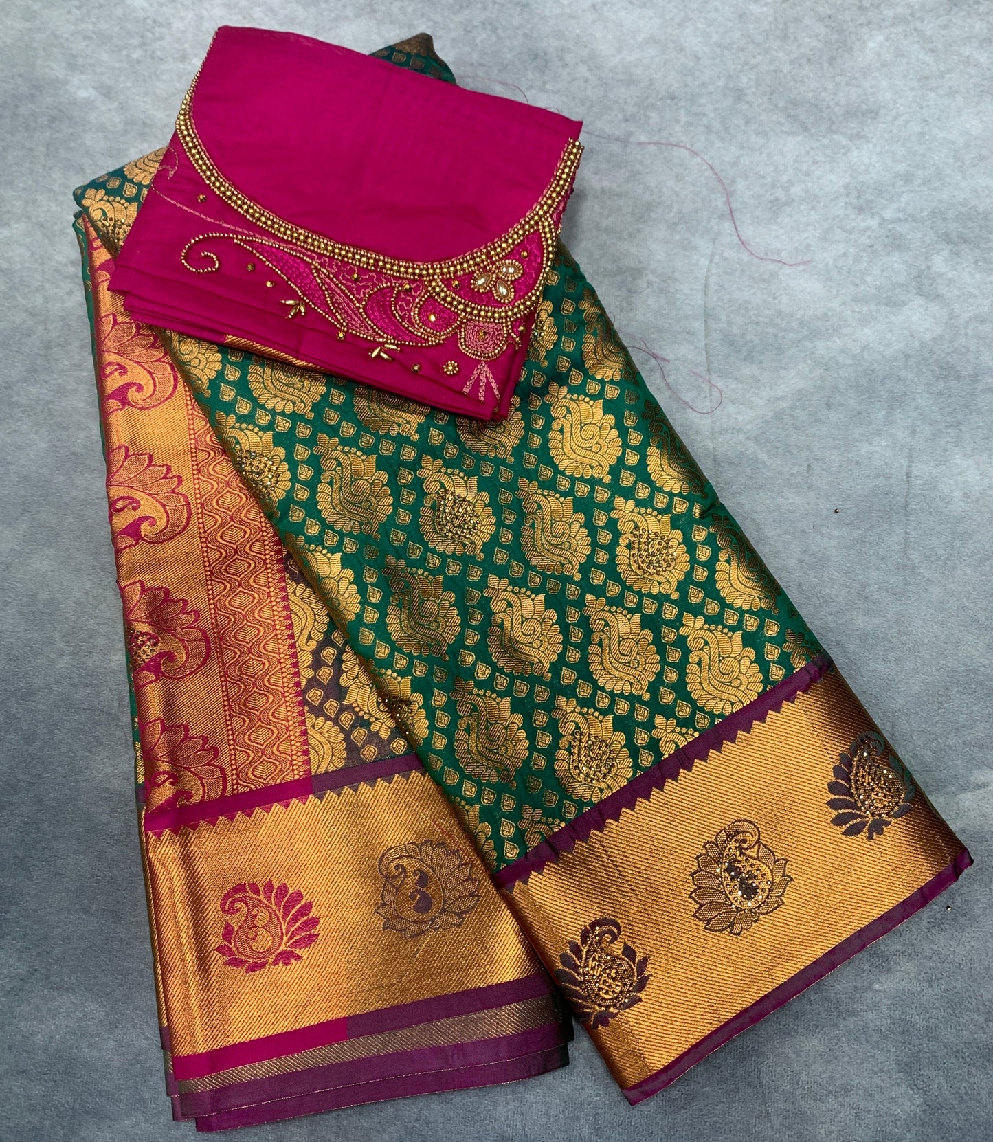 Bridal Vegan Silk Saree Green shade with Pink Border with Unstitched blouse in Aari Work