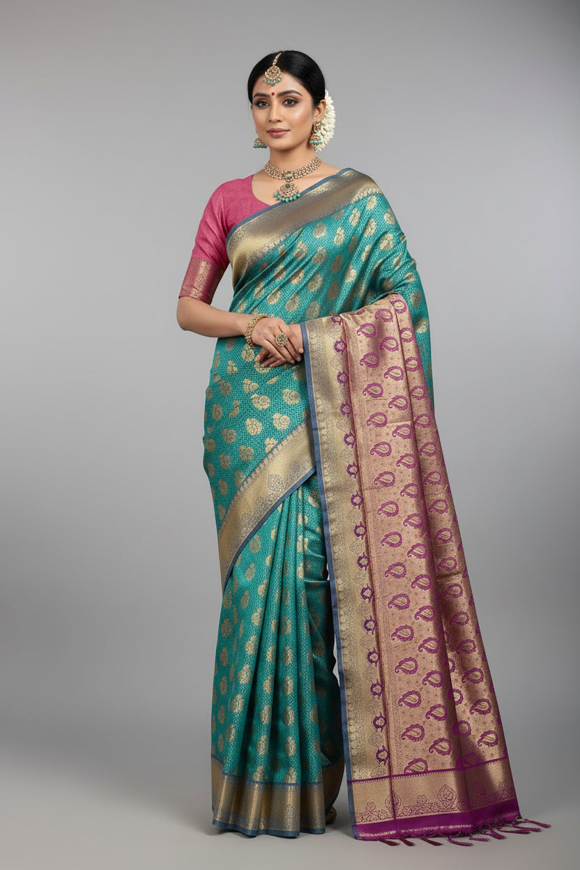 Vegan Silk Saree Light Green Colour with Pink and Copper Border