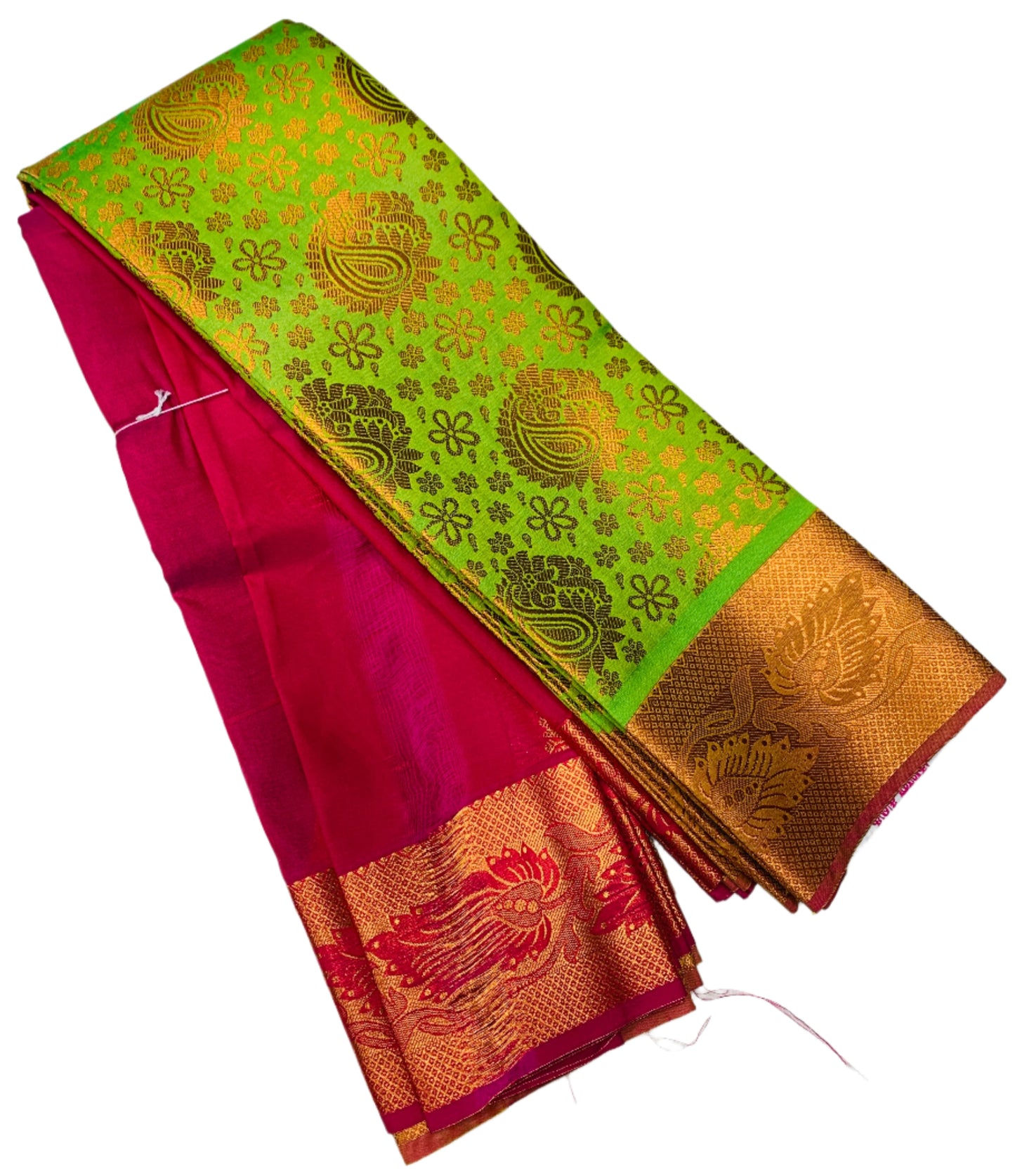 Vegan Silk Saree Apple Green Colour with Copper and Pink Border