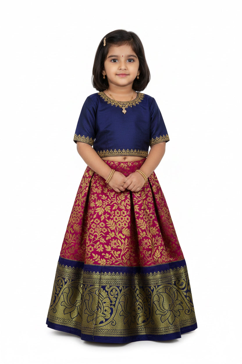Pink Shade Vegan Silk Kids Pattu Pavadai with Contrast Border for Newborn to 2 Years