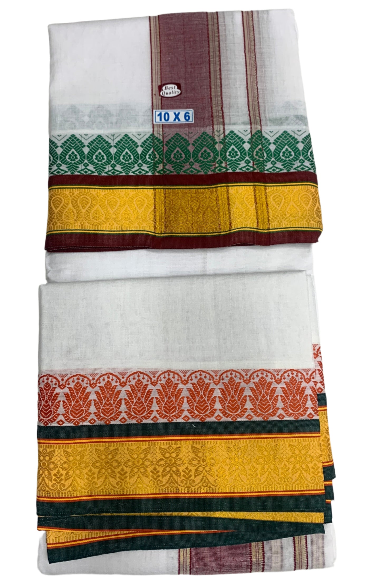 10X6 Cotton Dhoti White Colour with Yellow and Brown Border