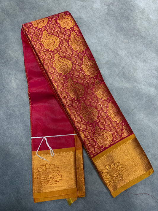 Vegan Silk Saree Pink Colour with Copper and Golden Yellow Border