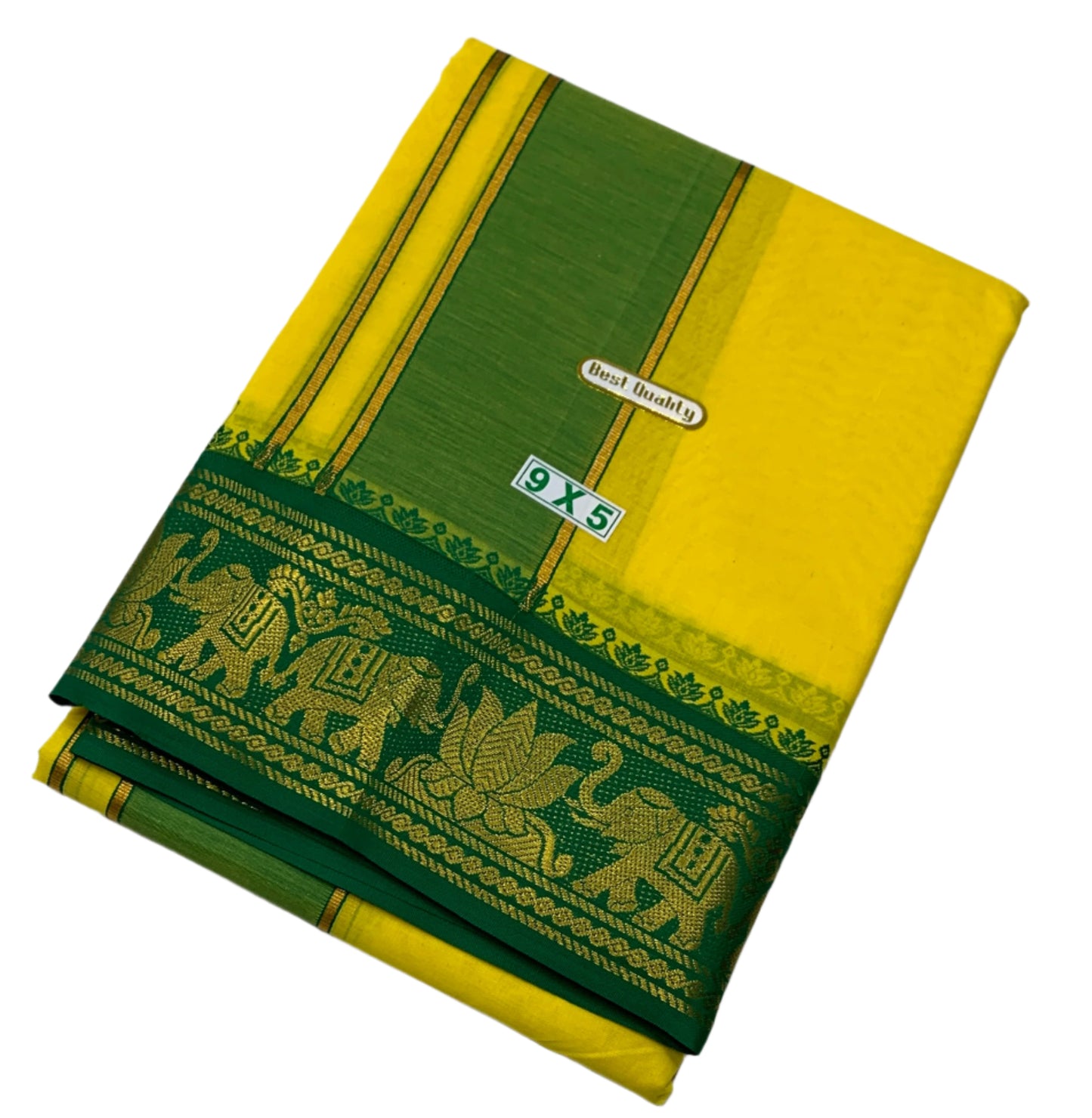 9X5 Cotton Dhoti Yellow Green and Pink Border with Angavastram