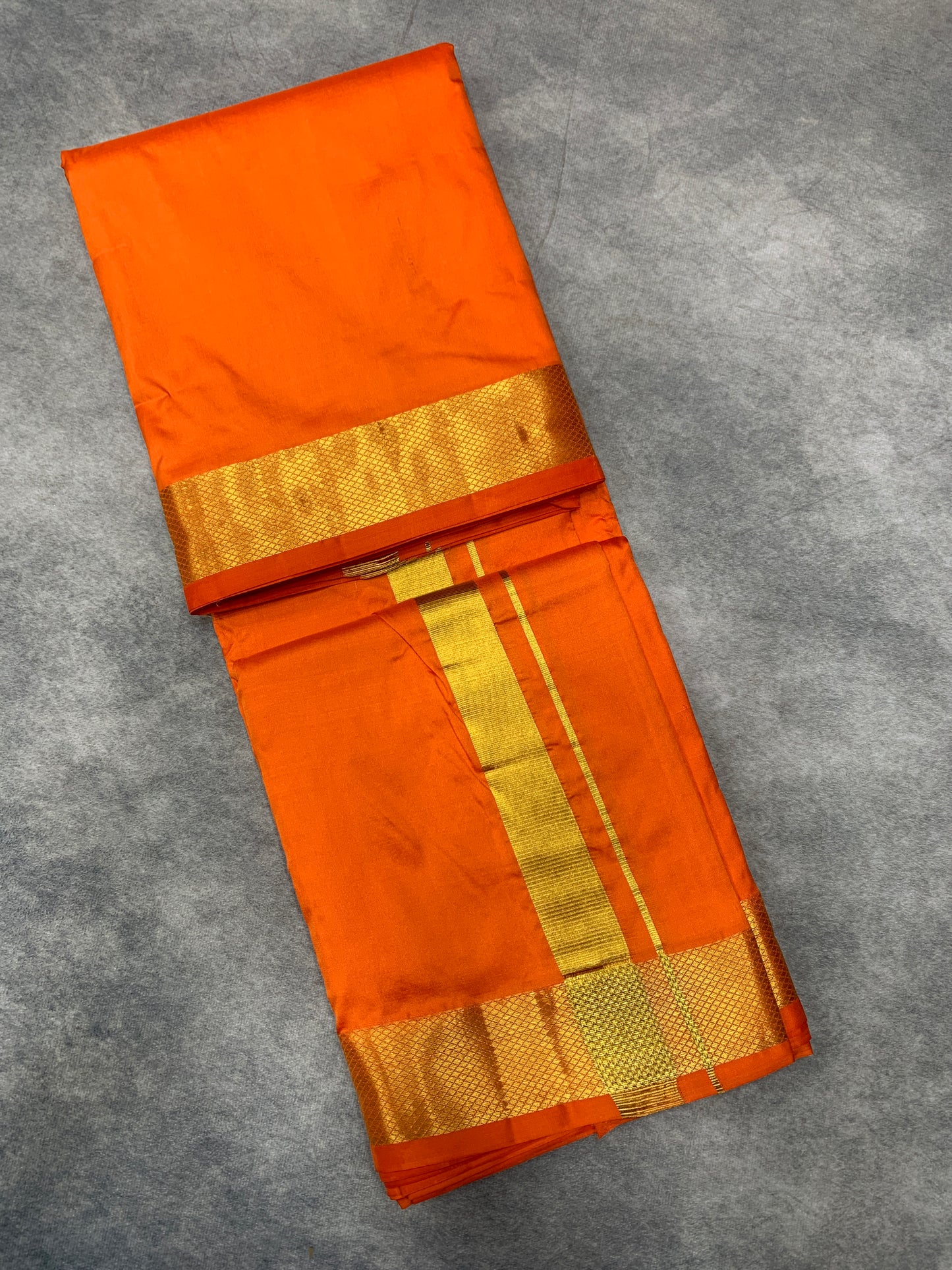 9X5 Pure Silk Dhoti Orange with Large Golden Zari Border