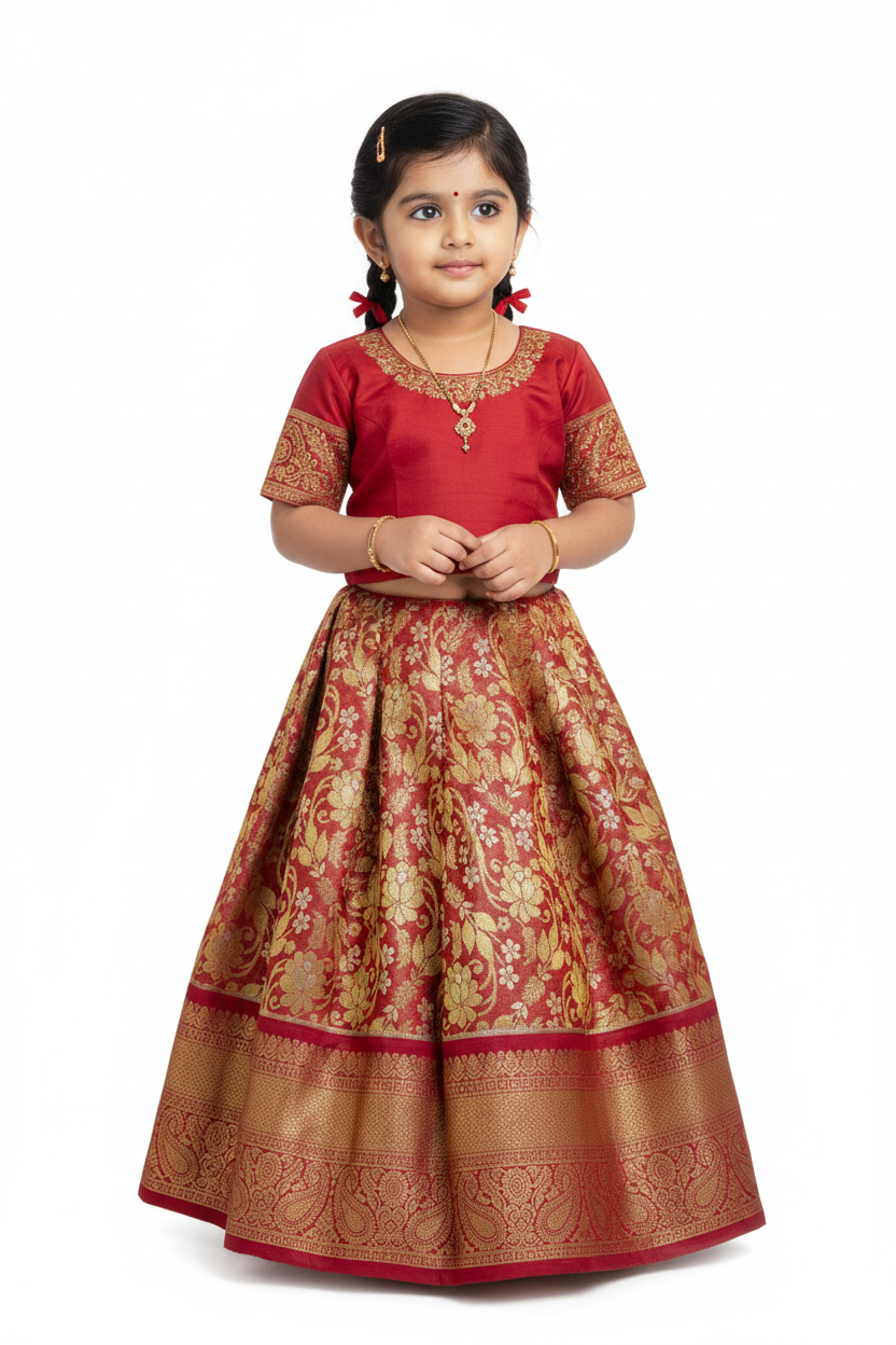 Redish Gold Shade Vegan Silk Kids Pattu Pavadai with Contrast Border for age 2 to 5
