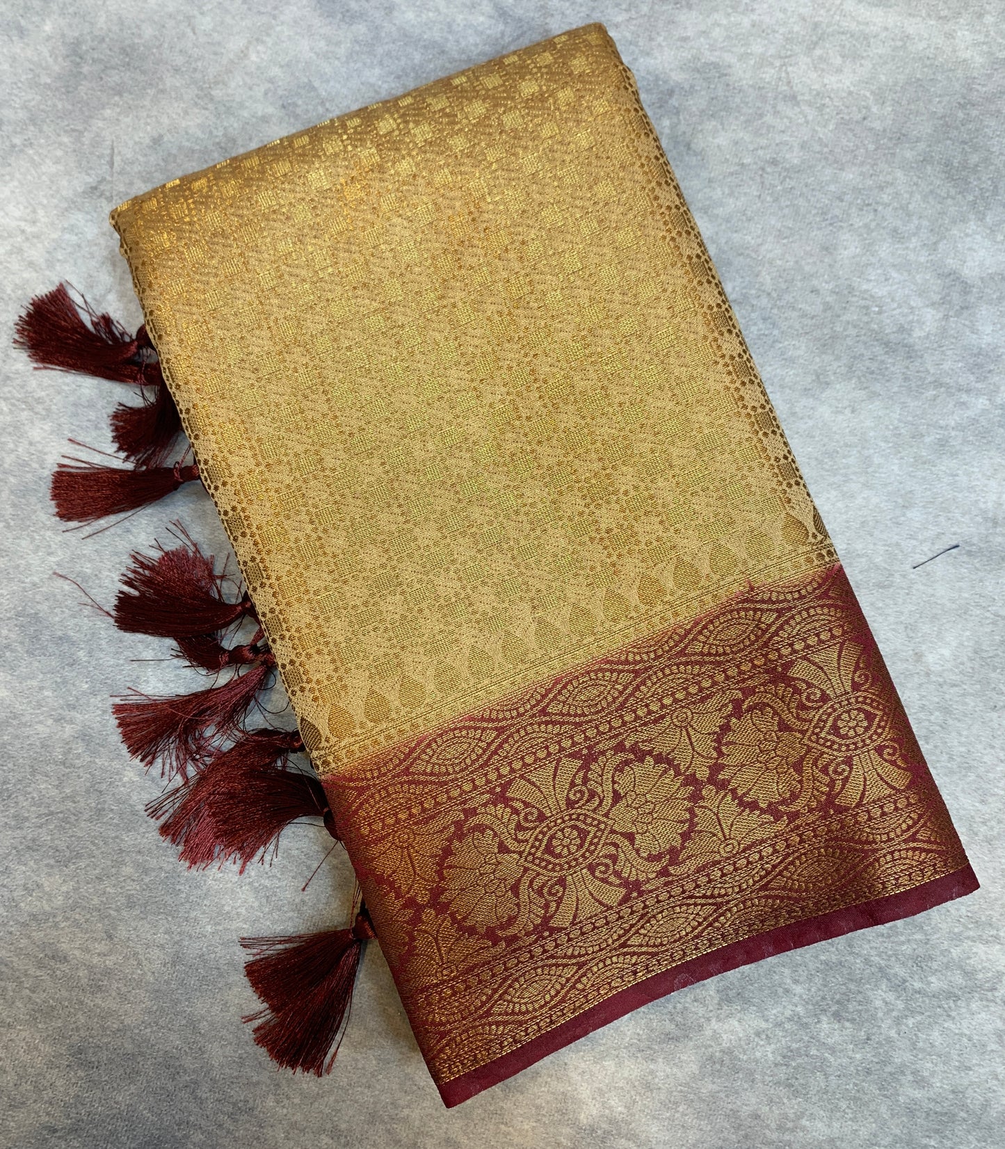 Crepe Saree Sandal Colour with Maroon Border