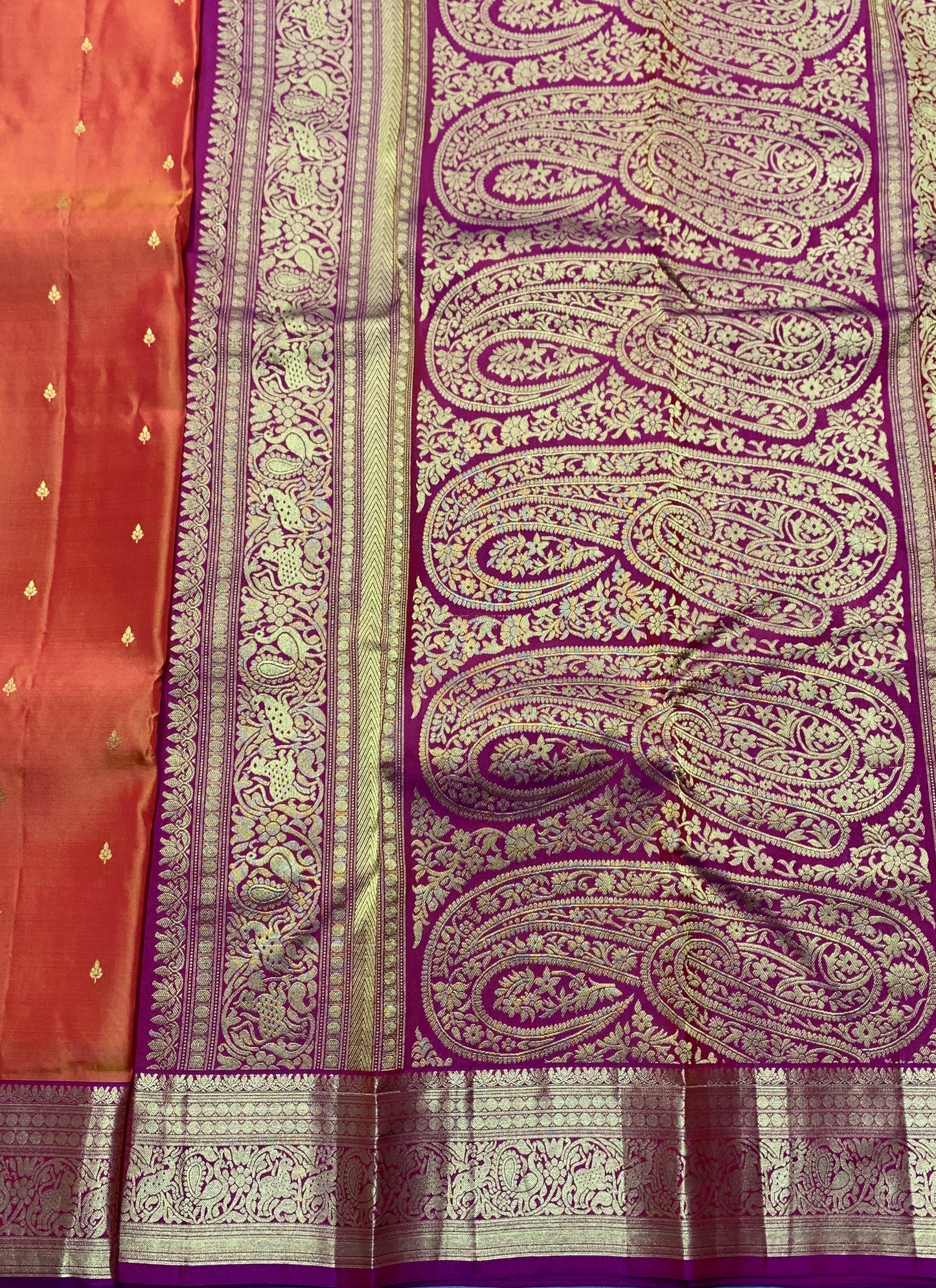 Pure Kanchipuram Silk Saree Honey Colour with Contrasting Magenta Border and Gold Detailing
