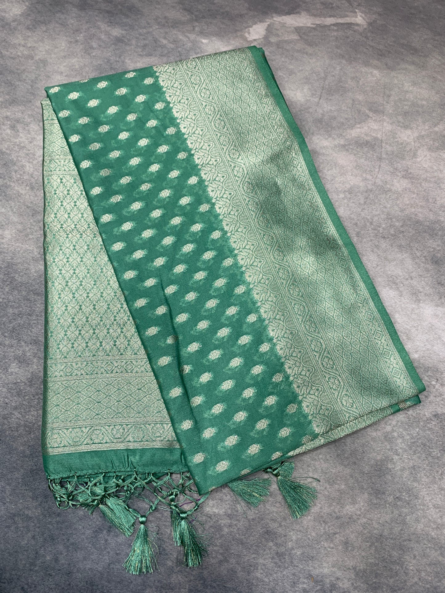 Soft Silk Casual Saree Olive Green Colour with Sliver Colour Border