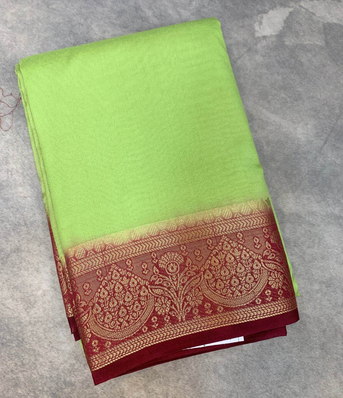 Crepe Saree Apple Green Colour with Maroon Border