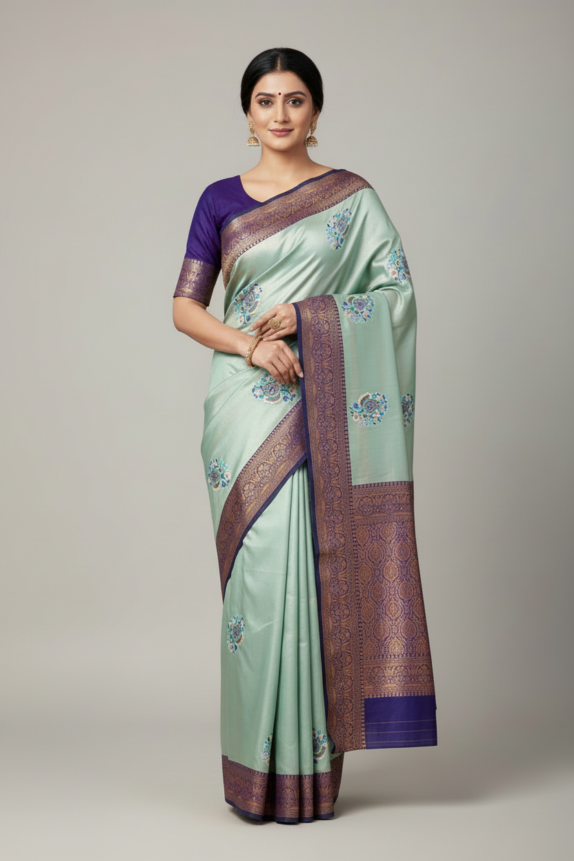 Fancy Tissue Saree Sky Blue Colour with Navy Blue Border