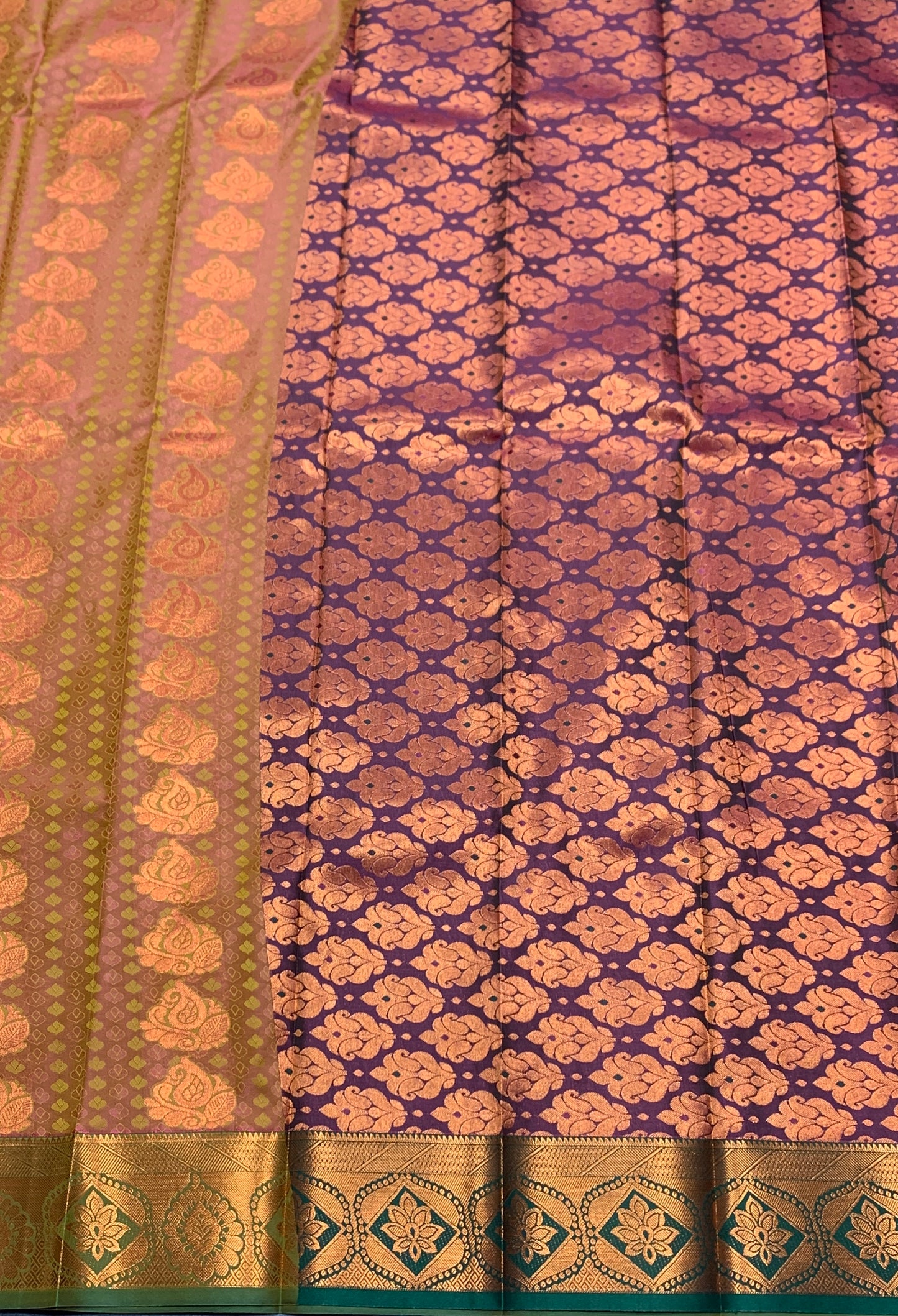 Vegan Silk Saree Dual Colour Shade Saree with Copper and Light Green Border