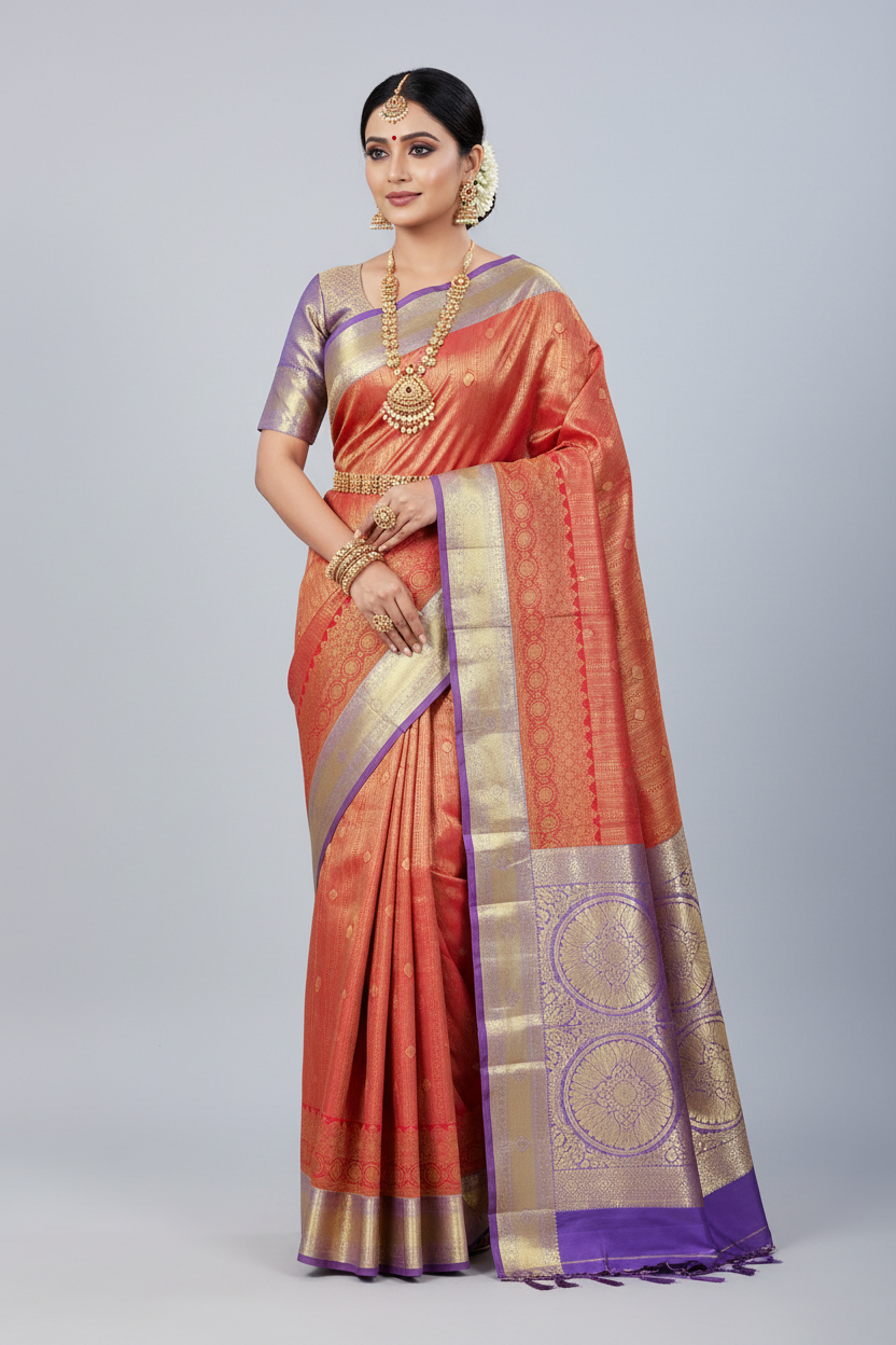 Fancy Tissue Saree Red Colour with Lavender Colour Border