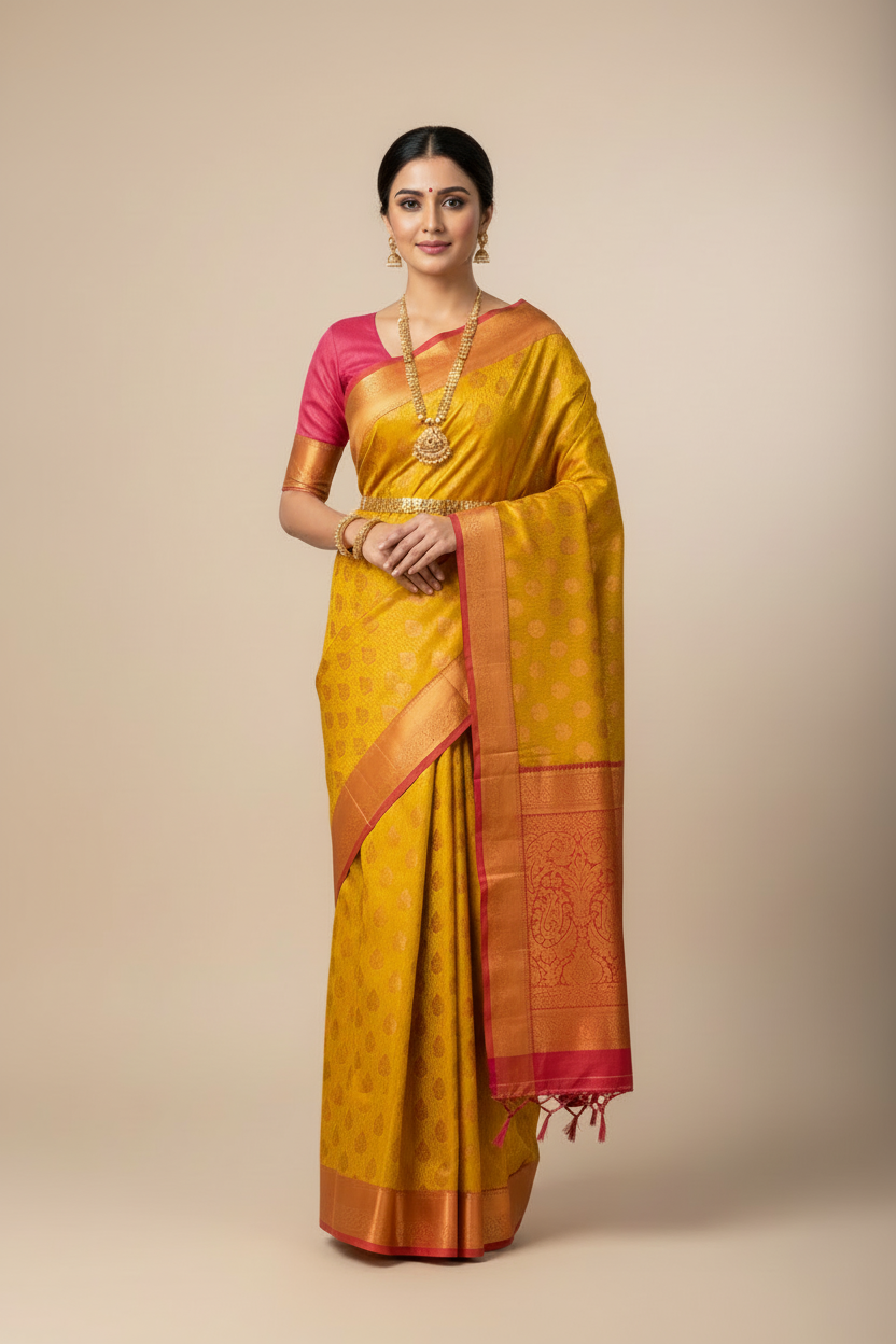 Vegan Silk Saree Lime Green Colour with Pink and Copper Border