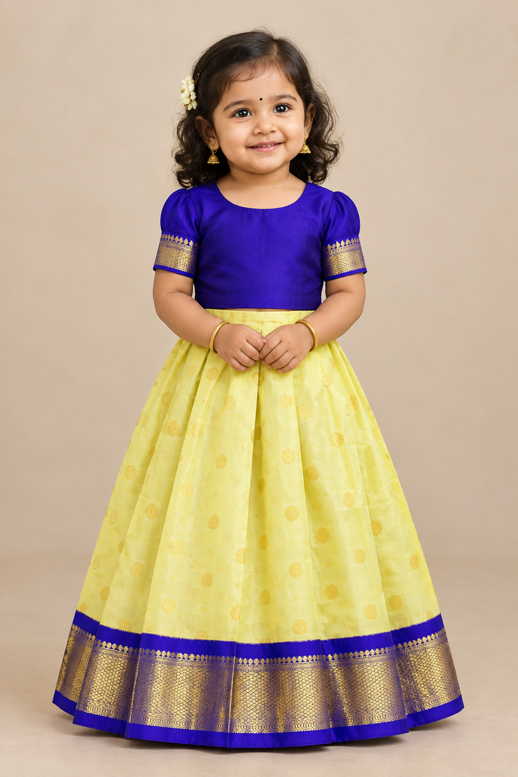 Lemon Yellow Shade Pure Kanchipuram Kids Pattu Pavadai with Contrast Border for Newborn to 2 Years