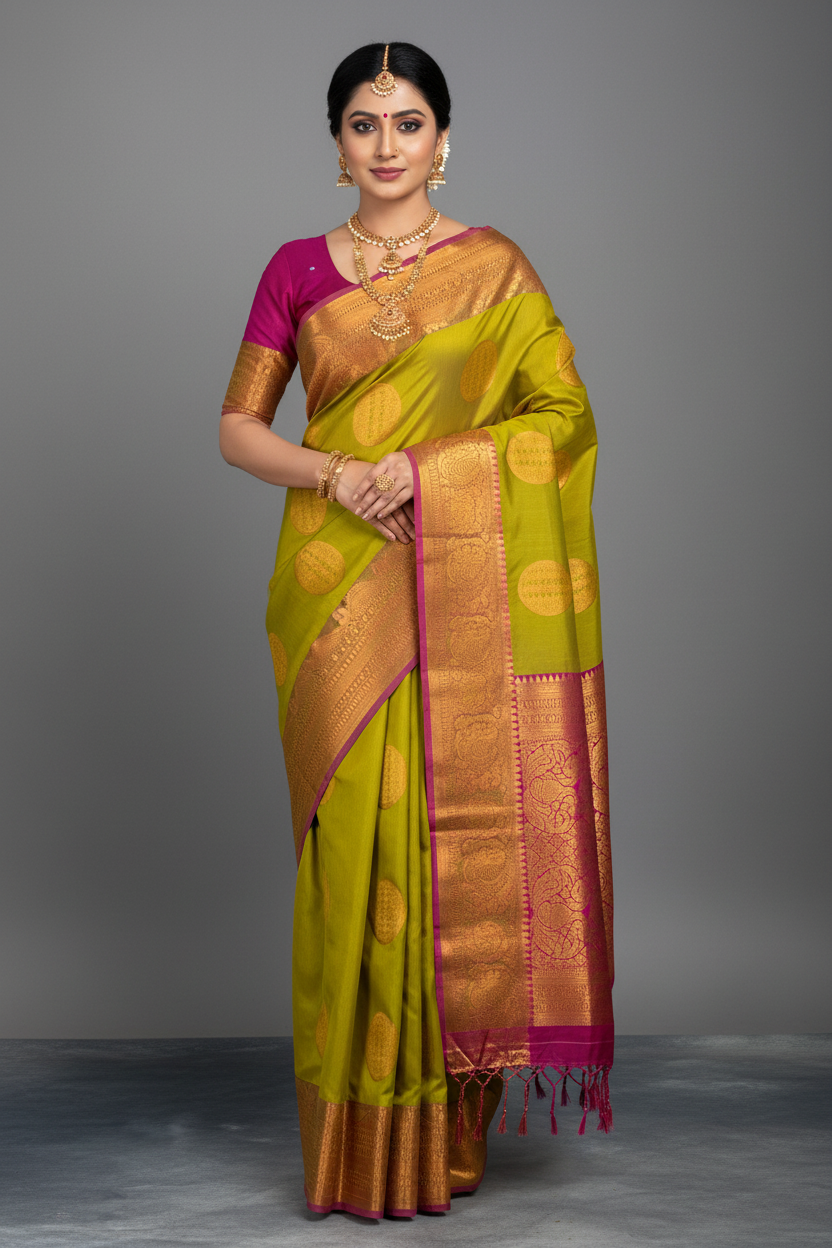 Soft Vegan Silk Saree Lime Green Colour with Pink and Sliver Border