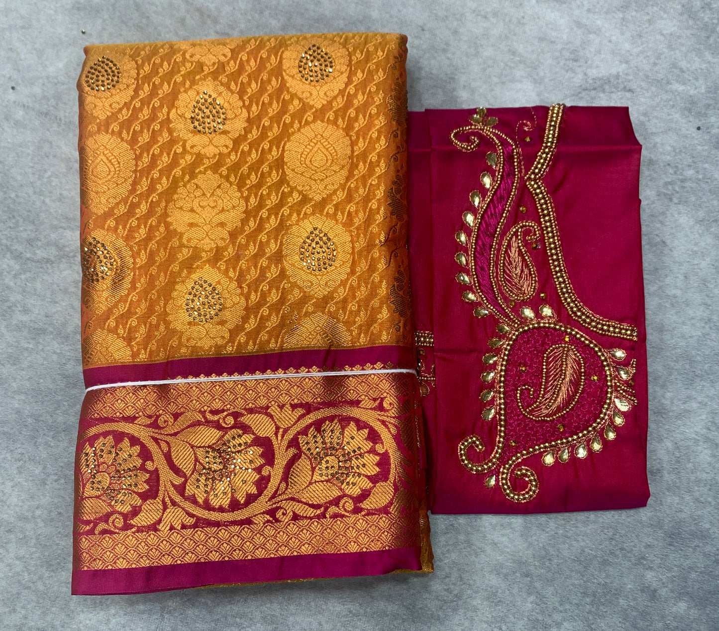 Bridal Vegan Silk Saree Golden Yellow shade with Pink Border with Unstitched blouse in Aari Work