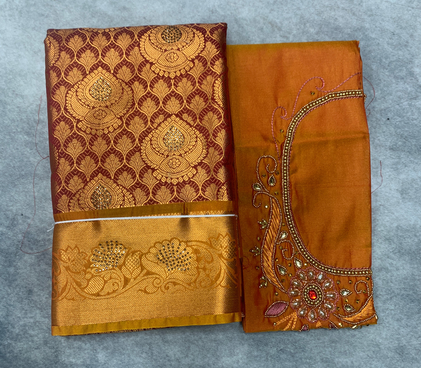 Bridal Vegan Silk Saree Maroon shade with Golden Yellow Border with Unstitched blouse in Aari Work