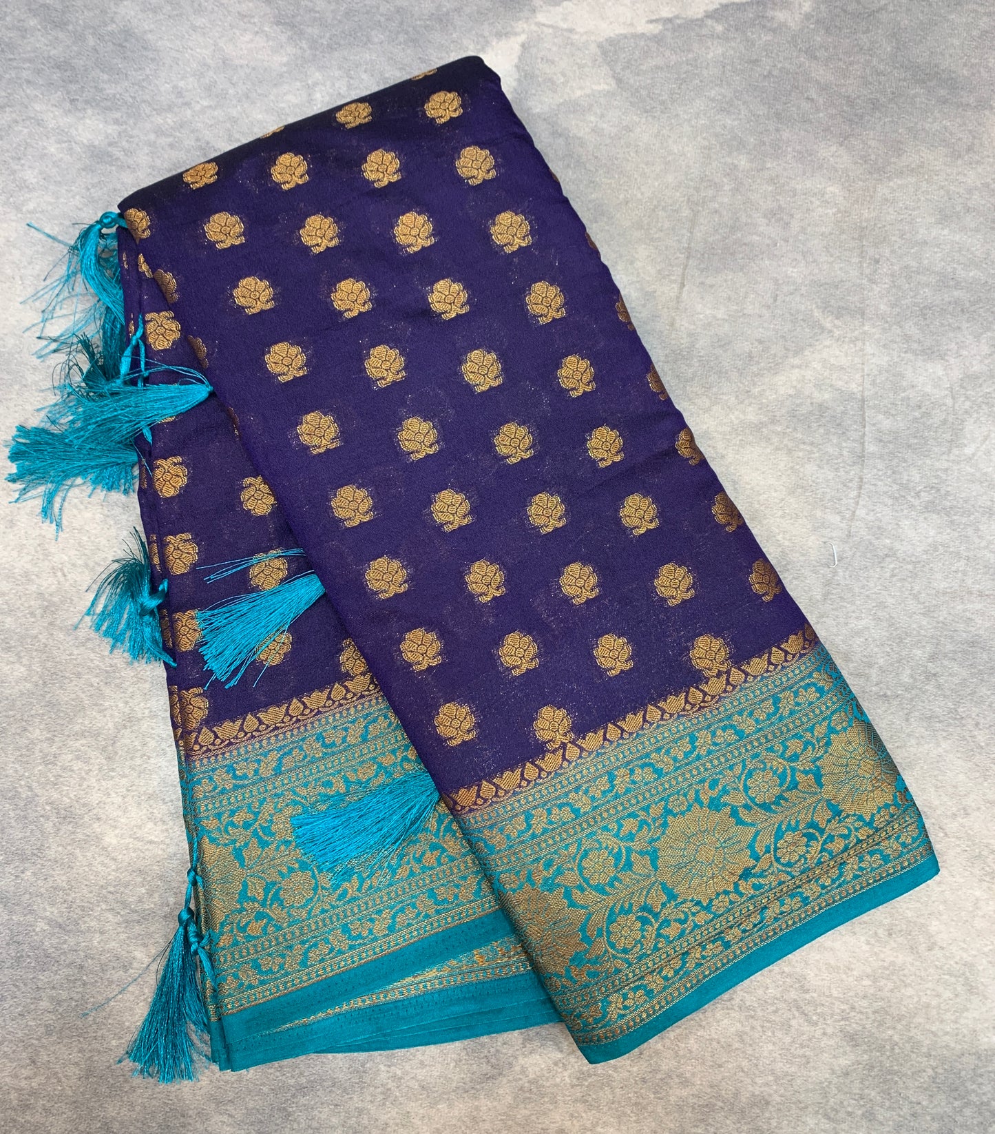 Crepe Saree Navy Blue Colour with Sky Blue Border