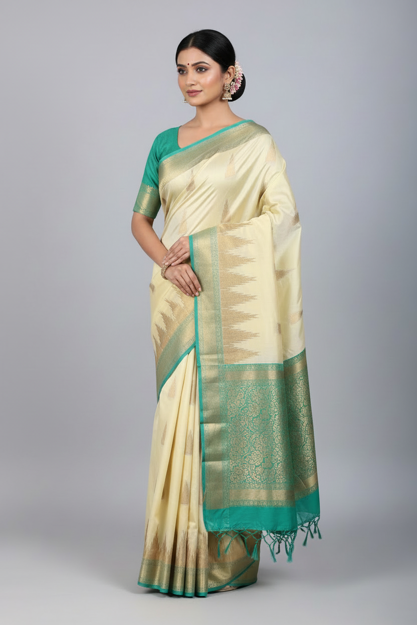 Pure Kanchipuram Silk Ivory Colour Saree with Sapphire Colour Border