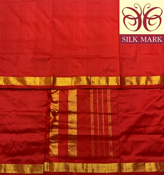 9 yards/Madisar Pure Kanchipuram Silk Saree Red Shade with Golden Zari Border with Silk Mark