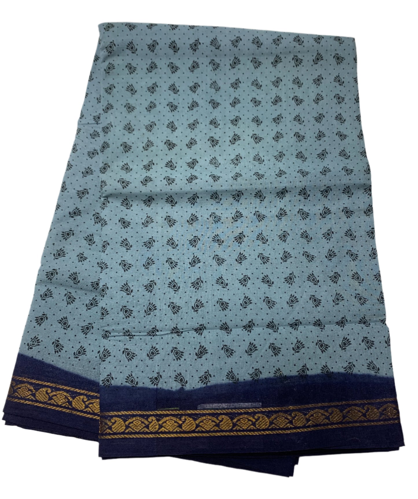 9 yards Cotton Saree Gray Colour with Navy Blue Border