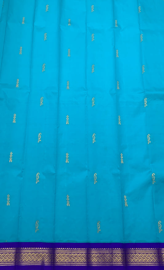 Semi Silk Saree Sky Blue Colour with Blue and Gold Zari Border