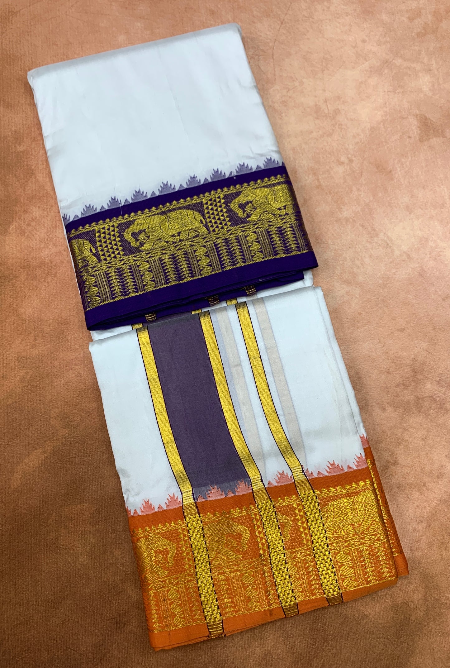 9X5 Pure Silk Dhoti White Colour with Blue and Orange Ganga Jamuna Border