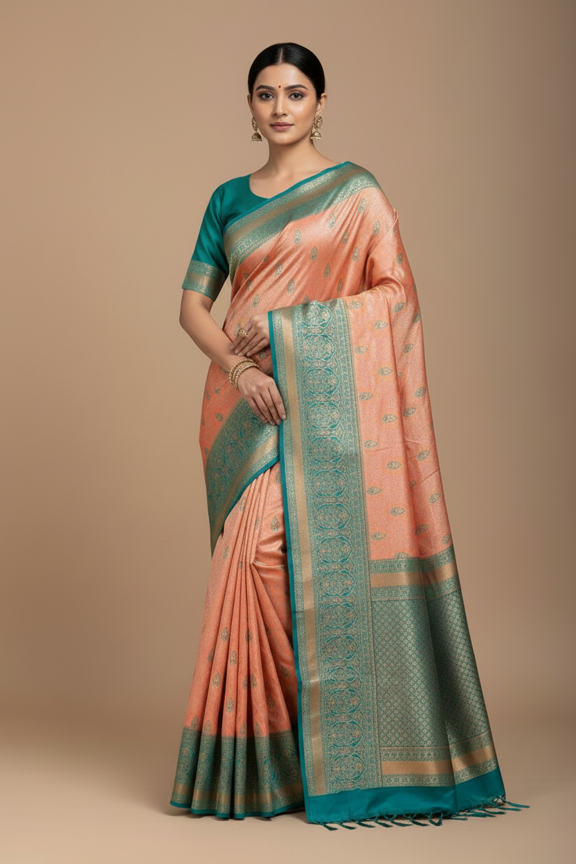 Fancy Tissue Saree Golden Pink Colour with Sapphire Border