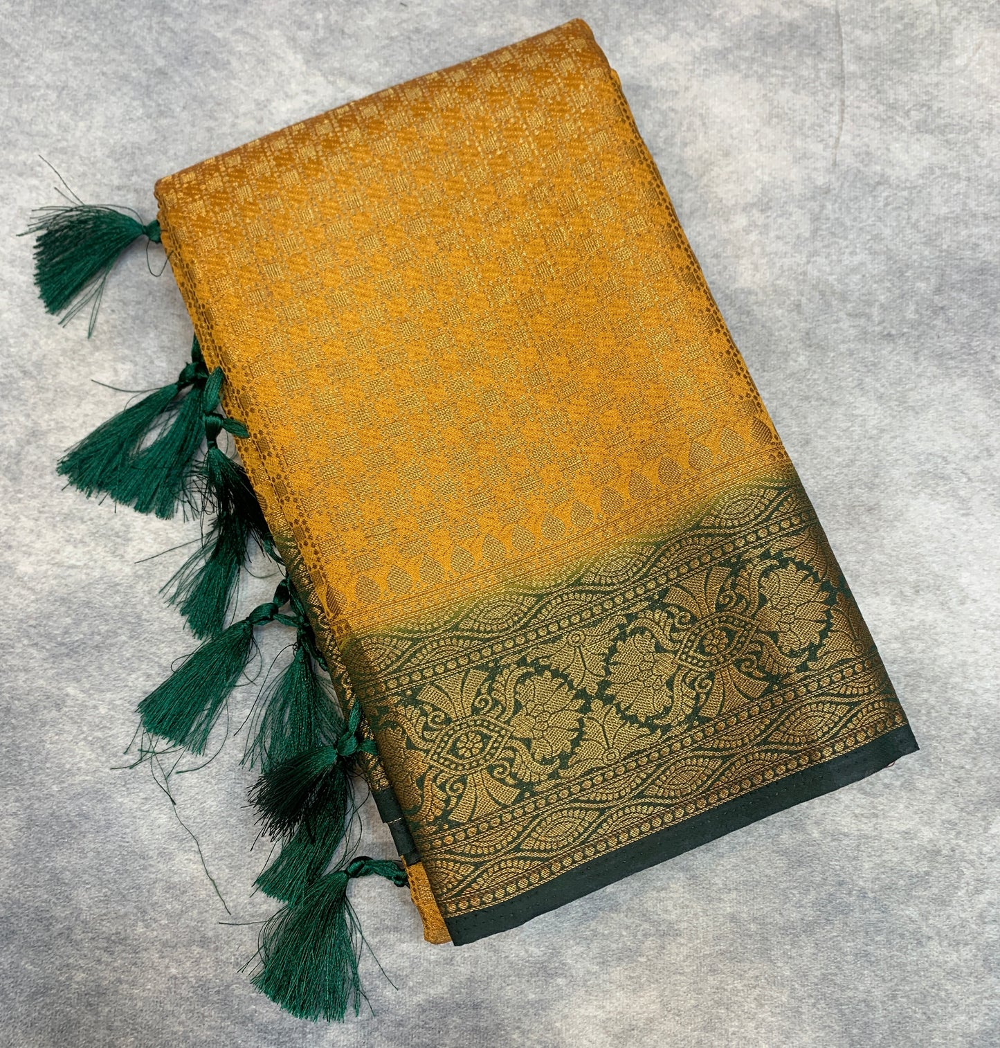 Crepe Saree Mustard Colour with Green Border
