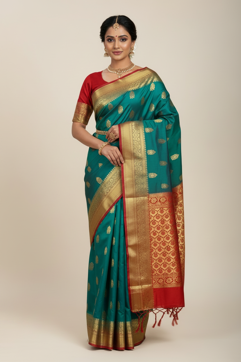 Pure Kanchipuram Silk Saree Sapphire Colour with Red Border