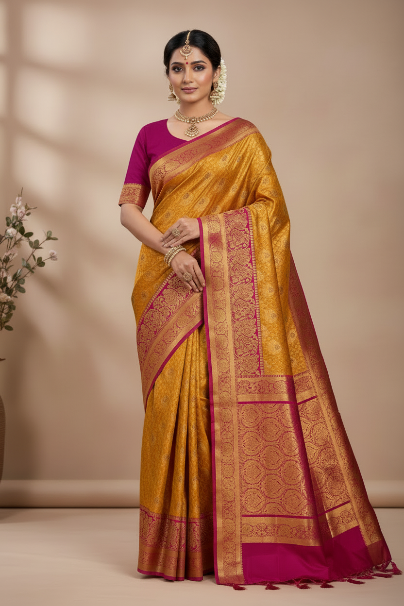 Bridal Vegan Silk Saree Golden Yellow shade with Pink Border with Unstitched blouse in Aari Work