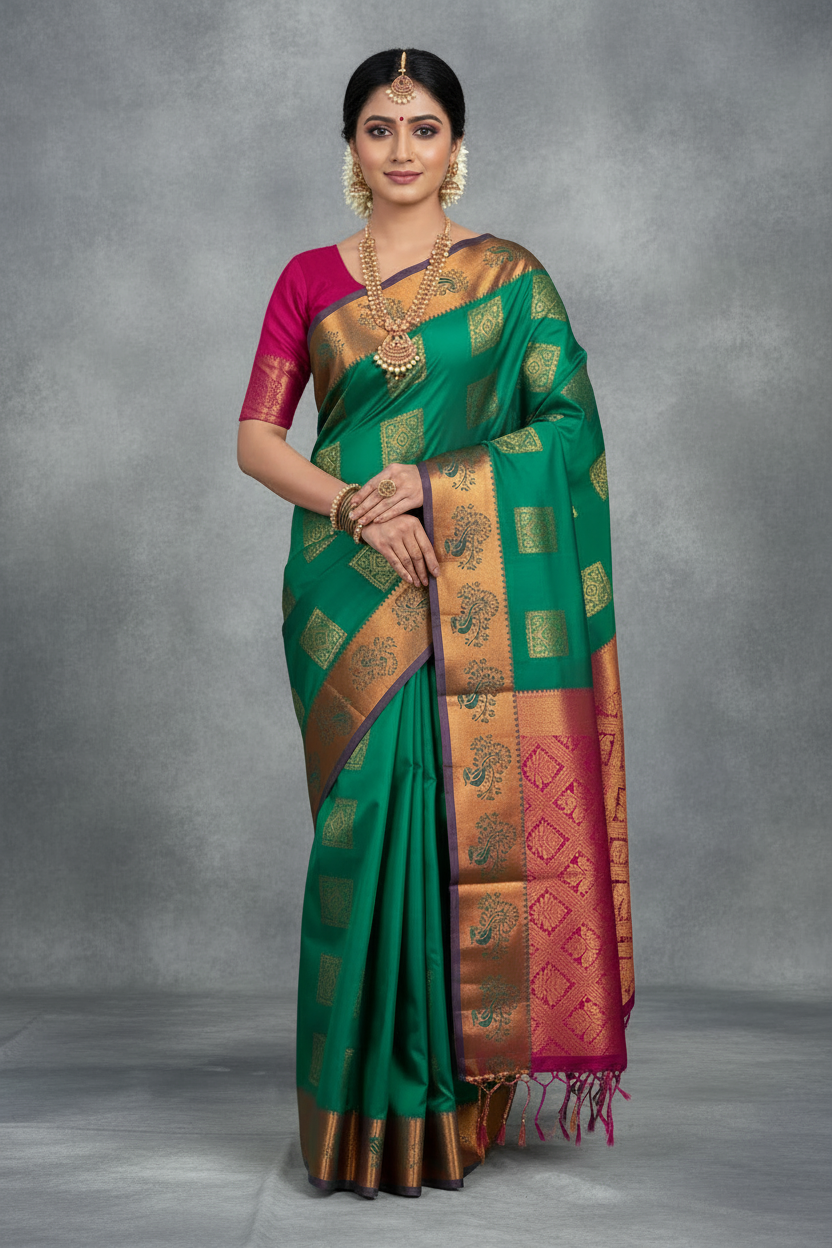 Soft Vegan Silk Saree Light Green Colour with Pink and Copper Border